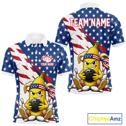 Funny banana American flag bowling polo shirt for men with custom player name and team name.