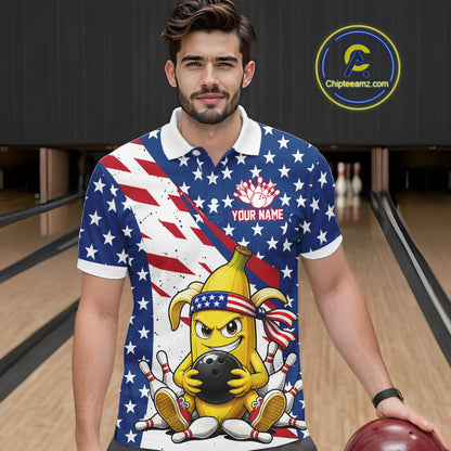 Man wearing a patriotic-themed polo shirt with a banana cartoon character holding a bowling ball in a bowling alley.