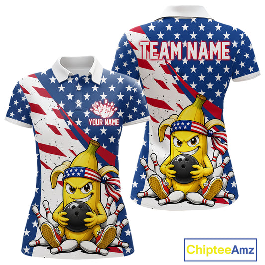 Funny banana American flag bowling polo shirt for women with custom player name and team name.