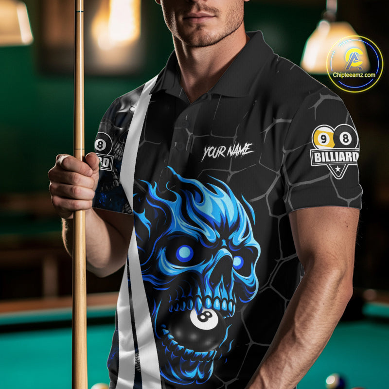 Man wearing a blue skull 8 ball and 9 ball billiard jersey front view.