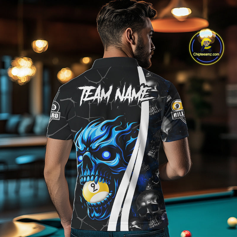 Back view of man wearing a blue skull 8 ball and 9 ball pool jersey.