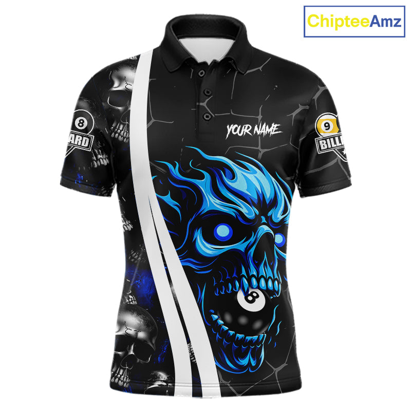 Blue skull 8 ball and 9 ball custom billiard polo shirt for men, pool team jersey and tournament apparel.