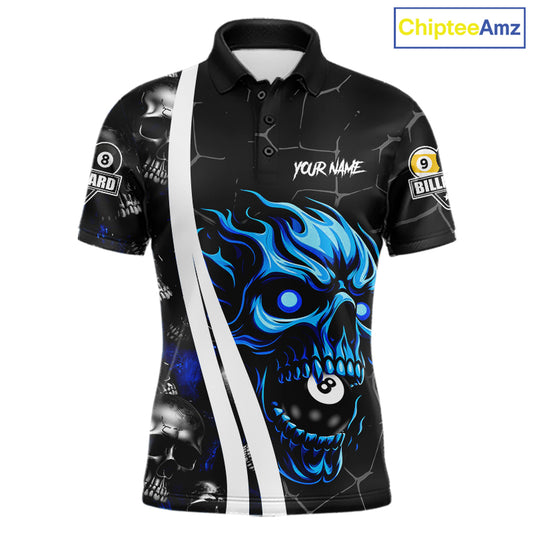 Blue skull 8 ball and 9 ball custom billiard polo shirt for men, pool team jersey and tournament apparel.