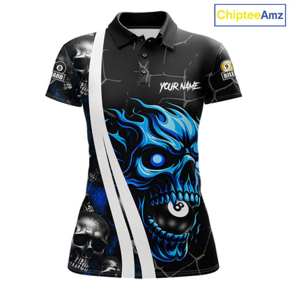 Blue skull 8 ball and 9 ball custom billiard polo shirt for women, pool team jersey and tournament apparel.
