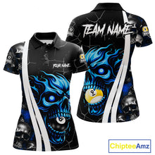 Load image into Gallery viewer, Blue skull 8 ball and 9 ball custom billiard polo shirt for women, pool team jersey and tournament apparel.