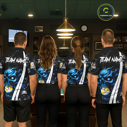 Back view of pool team wearing matching blue skull 8 ball and 9 ball billiard shirts.