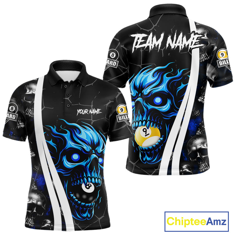 Blue skull 8 ball and 9 ball custom billiard polo shirt for men, pool team jersey and tournament apparel.