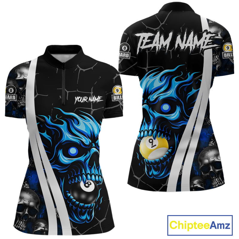 Blue skull 8 ball and 9 ball quarter zip billiard shirt for women, custom pool team jersey.