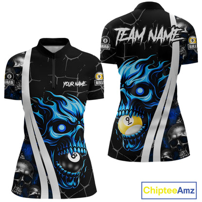 Blue skull 8 ball and 9 ball quarter zip billiard shirt for women, custom pool team jersey.