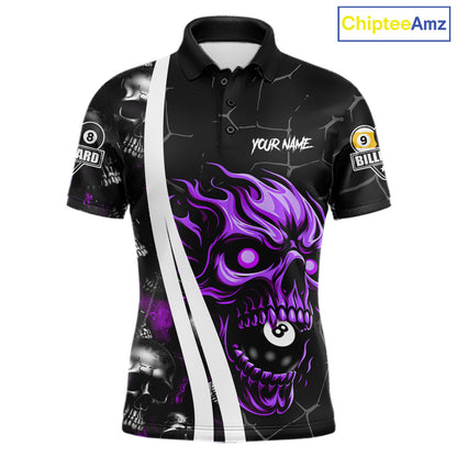 Purple skull 8 ball and 9 ball custom billiard polo shirt for men, pool team jersey and tournament apparel.