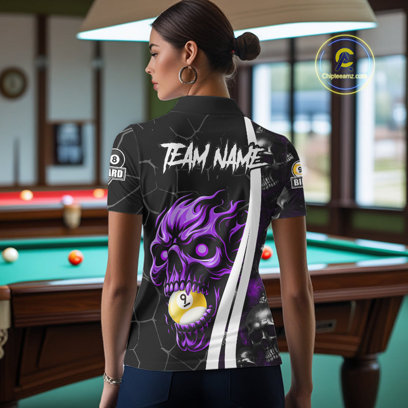 Back view of woman wearing a purple skull 8 ball and 9 ball pool jersey.