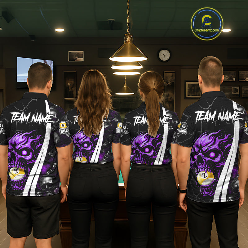 Back view of pool team wearing matching purple skull 8 ball and 9 ball billiard shirts.