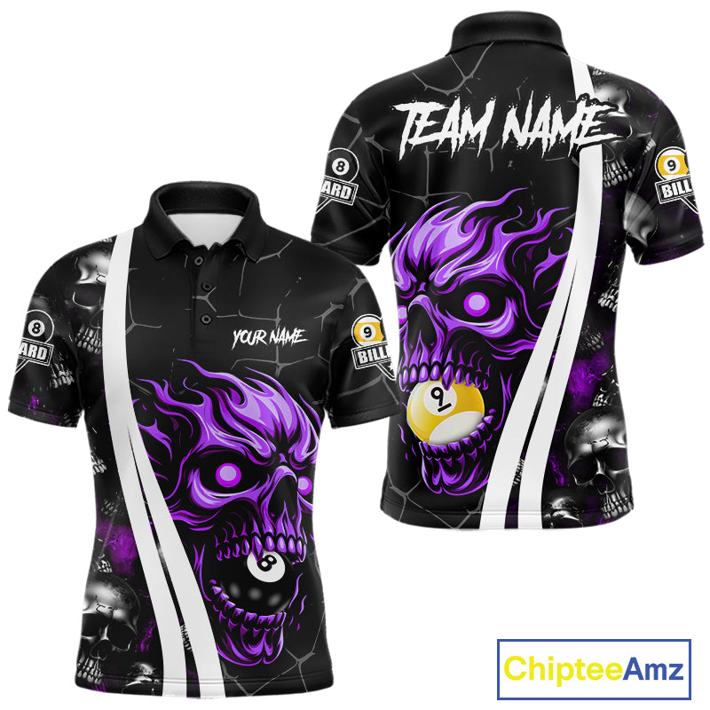 Purple skull 8 ball and 9 ball custom billiard polo shirt for men, pool team jersey and tournament apparel.
