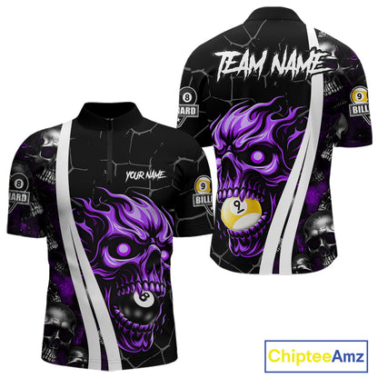 Purple skull 8 ball and 9 ball quarter zip billiard shirt for men, custom pool team jersey.