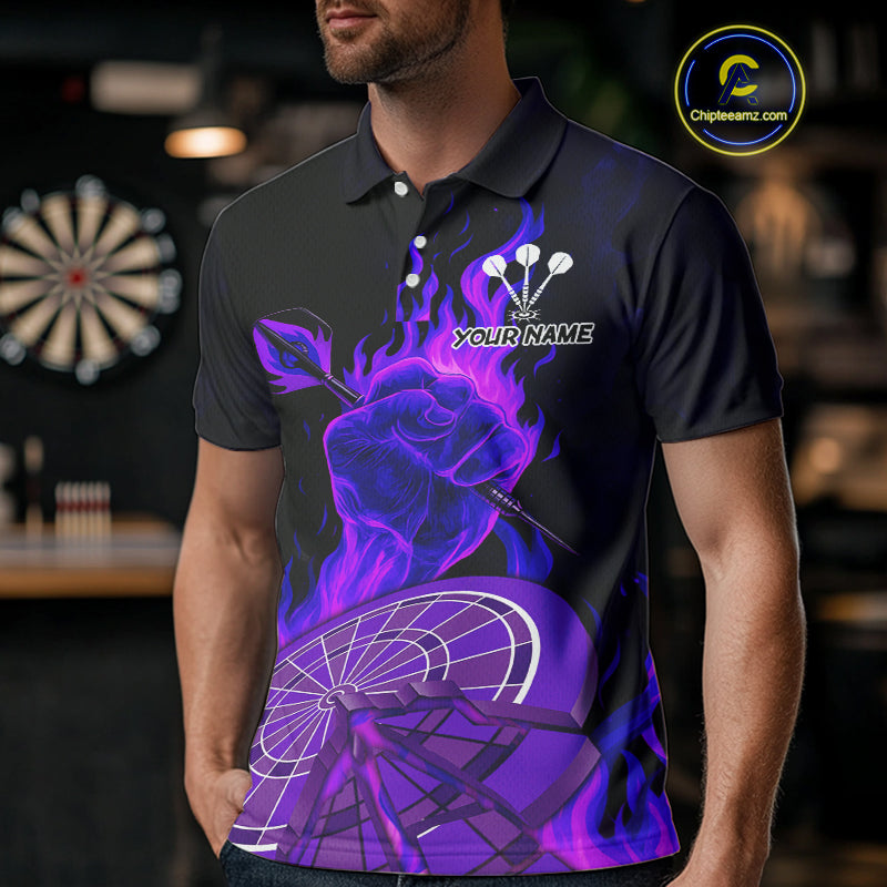 Flame Darts & Crack Dartboard 3D Custom Purple Dart Polo Shirts For Men, Dart Jerseys NYN0810