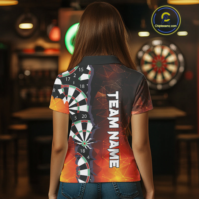 Personalized Fiery Orange Dartboard Crack Darts Shirt For Women, Funny Darts Jersey Polo & 1/4 Zip TDM4449