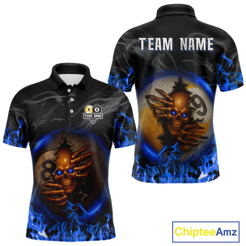 Funny Skull Billiard 8 Ball & 9 Ball Pool Shirt For Men Custom Blue Flaming Billiard Team Jerseys TDM4453
