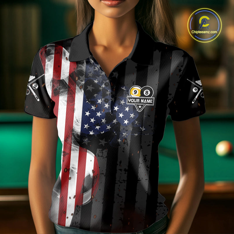 Woman Wearing Personalized Smoke US Flag 8 Ball 9 Ball Billiard Polo Shirt with Athletic Performance Fit and Patriotic Graphic Artwork, Front View