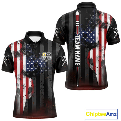 Personalized Smoke US Flag 8 Ball 9 Ball Billiard Polo Shirt for Men Featuring Patriotic American Flag Artwork for Pool League Players, Team Competition, and Tournament Events