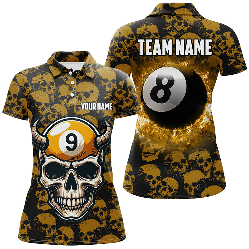Personalized Billiard Jersey 8 & 9 Ball Custom Funny Skull Pattern Billiard Shirts For Women |Yellow TDM2369