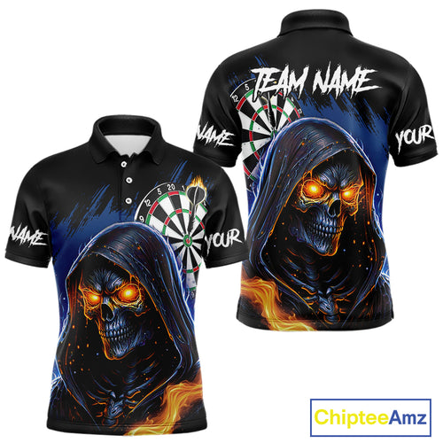 Personalized Blue Death Skeleton Fire Dart Shirts For Men Custom Skull Dart Jersey Polo & 1/4 Zip TDM4892