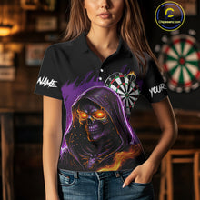 Load image into Gallery viewer, Personalized Purple Death Skeleton Fire Dart Shirt For Women Custom Skull Dart Jersey Polo &amp; 1/4 Zip TDM4893