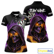 Load image into Gallery viewer, Personalized Purple Death Skeleton Fire Dart Shirt For Women Custom Skull Dart Jersey Polo &amp; 1/4 Zip TDM4893