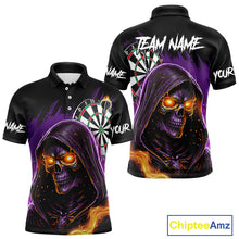 Load image into Gallery viewer, Personalized Purple Death Skeleton Fire Dart Shirt For Men Custom Skull Dart Jersey Polo &amp; 1/4 Zip TDM4893