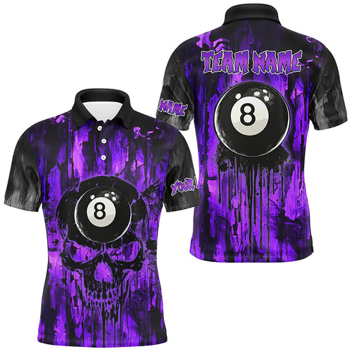 Personalized Black And Purple 8 Ball Melting Men Billiard Shirts, Grunge Skull Billiard Jerseys TDM2865