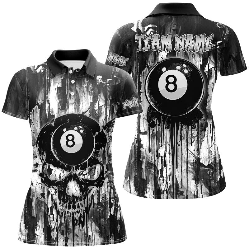 Personalized Black White 8 Ball Pool Melting Women Billiard Shirts, Grunge Skull Billiard Jerseys TDM2866