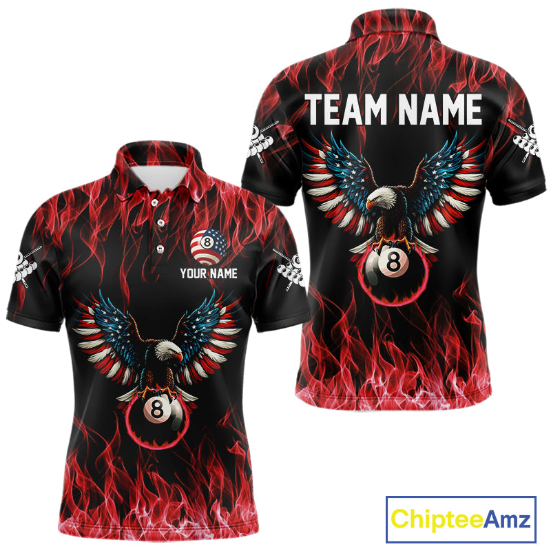 Red Flaming American Flag Eagle 8 Ball Billiard Shirt For Men Custom Patriotic Pool Team Jersey TDM5587