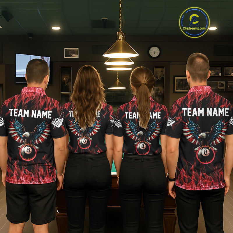 Red Flaming American Flag Eagle 8 Ball Billiard Shirt For Men Custom Patriotic Pool Team Jersey TDM5587