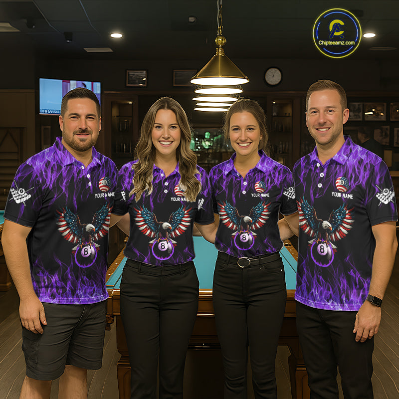 Purple Flaming American Flag Eagle 8 Ball Billiard Shirt For Men Custom Patriotic Pool Team Jersey TDM5588