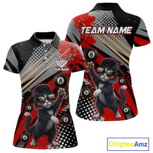 Load image into Gallery viewer, Custom Red Funny Cat Billiard Shirt For Women, Personalized 8 Ball Pool Team Jersey Polo &amp; 1/4 Zip TDM6441