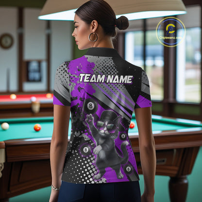 Custom Purple Funny Cat Billiard Shirt For Women, Personalized 8 Ball Pool Team Jersey Polo & 1/4 Zip TDM6443