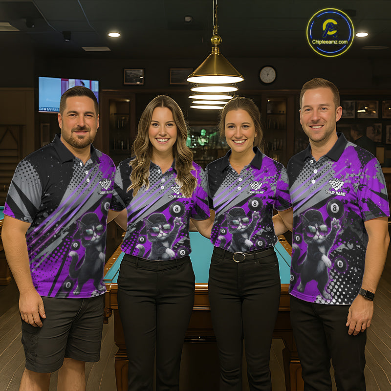 Custom Purple Funny Cat Billiard Shirt For Women, Personalized 8 Ball Pool Team Jersey Polo & 1/4 Zip TDM6443