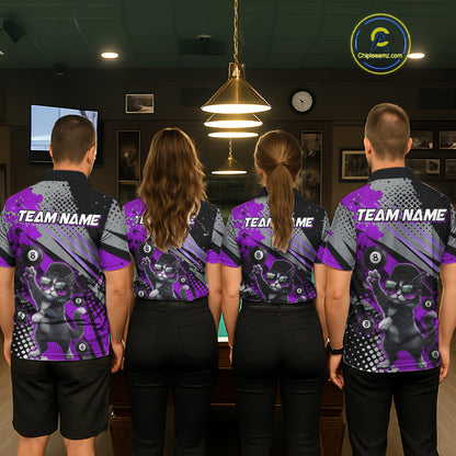 Custom Purple Funny Cat Billiard Shirt For Women, Personalized 8 Ball Pool Team Jersey Polo & 1/4 Zip TDM6443