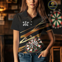 Load image into Gallery viewer, Black And Gold Dart Shirts For Women Custom 3D Dartboard Jersey, Darts Team Polo &amp; Quarter Zip TDM4094