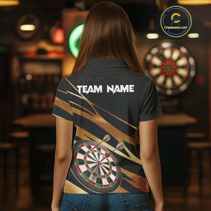 Black And Gold Dart Shirts For Women Custom 3D Dartboard Jersey, Darts Team Polo & Quarter Zip TDM4094