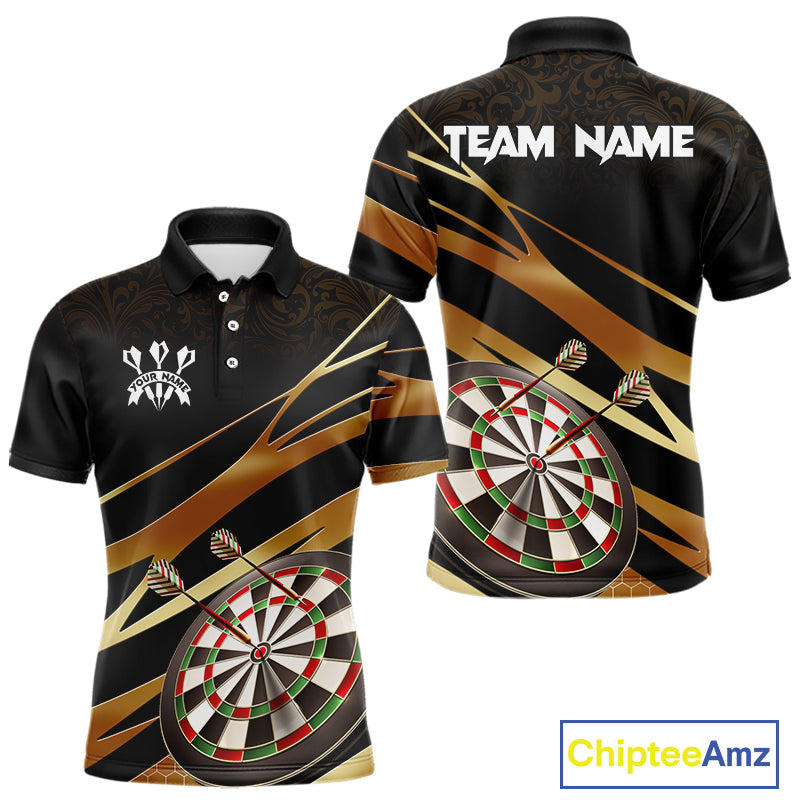 Black And Gold Dart Shirts For Men Custom 3D Dartboard Jersey, Darts Team Polo & Quarter Zip TDM4094