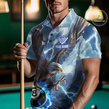 Load image into Gallery viewer, Man wearing a blue thunder eagle billiard jersey beside a pool table front view.