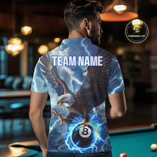 Load image into Gallery viewer, Back view of man wearing a blue thunder eagle pool team shirt in a billiards hall.