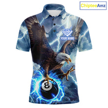 Load image into Gallery viewer, Men’s blue thunder eagle billiard polo shirt with lightning graphics for pool league players.