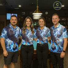 Load image into Gallery viewer, Pool team wearing matching blue thunder eagle billiard jerseys during league play front view.