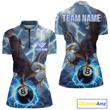 Load image into Gallery viewer, Women’s blue thunder lightning eagle billiard quarter zip shirt for tournaments and team matches.