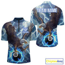 Load image into Gallery viewer, Men’s blue thunder lightning eagle billiard quarter zip shirt for tournaments and team matches.