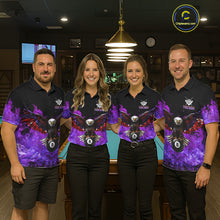 Load image into Gallery viewer, Pool team wearing matching purple flame eagle skull billiard jerseys during league play front view.