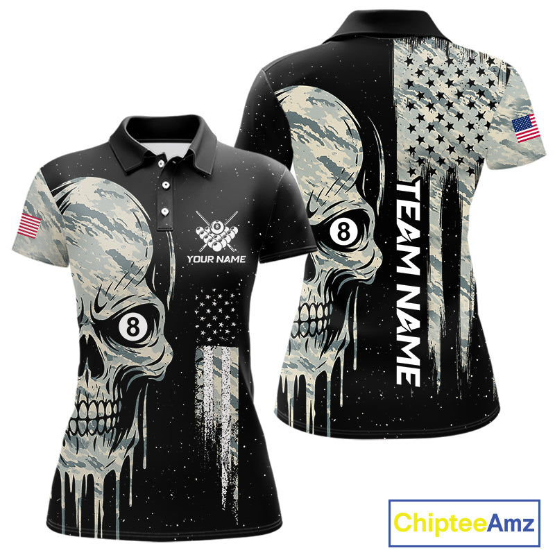 Grunge Camo Skull American Flag Billiard Shirt For Women Custom Patriotic 8 Ball Pool Team Jersey TDM4276