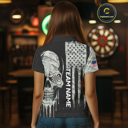 Grunge Camo Skull American Flag Dart Shirt For Women Custom Patriotic Dart Jersey Team Polo, 1/4 Zip TDM4277