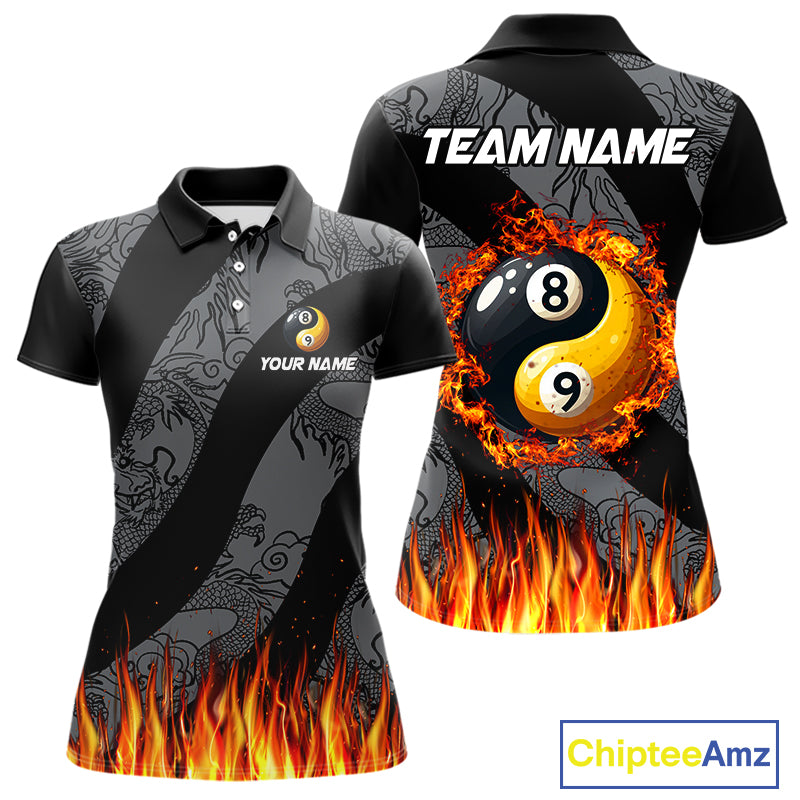 Personalized Flame Ying And Yang 8 Ball & 9 Ball Billiard Shirt For Women, Funny Pool Team Jerseys TDM4278